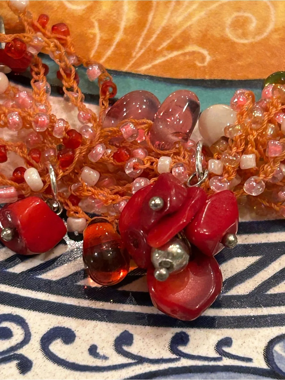 Vintage Necklace Red Branch Coral, Carnelian, glass Mermaid’s Tears woven thread